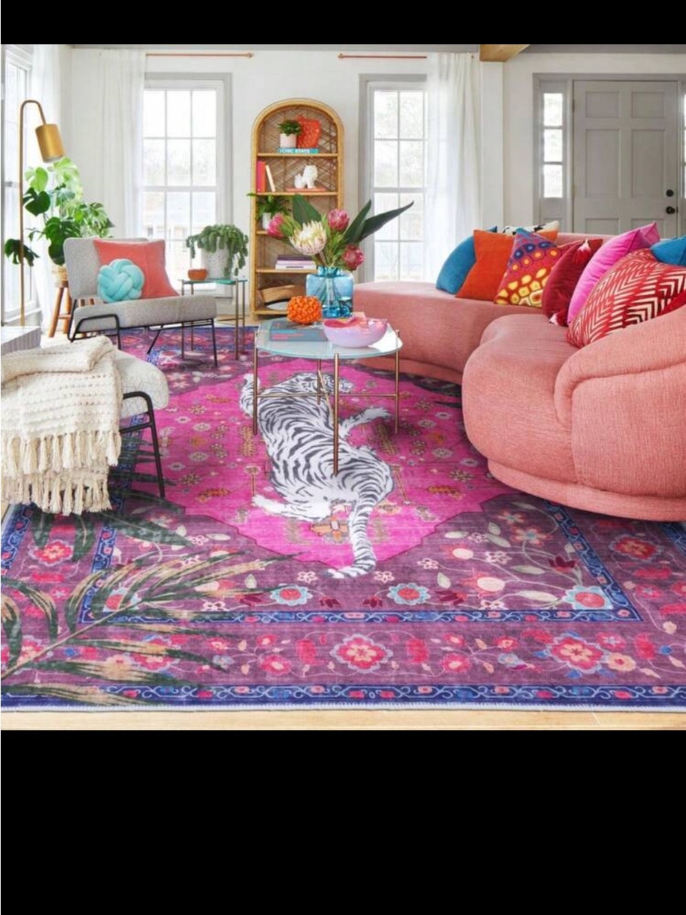 Bold Pink Botanical Area Rug with White Tiger Motif